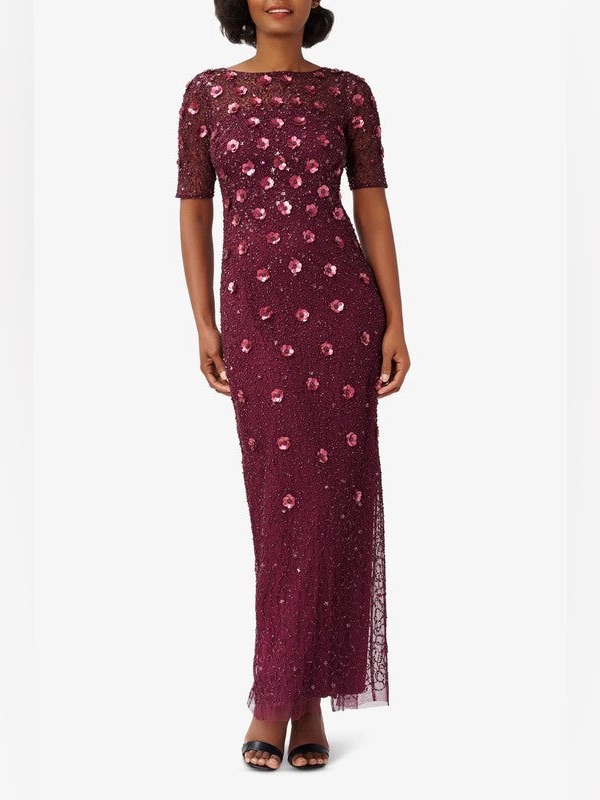 Adrianna Papell Short Sleeve 3d Floral Embellished Evening Dress In Cassis 12